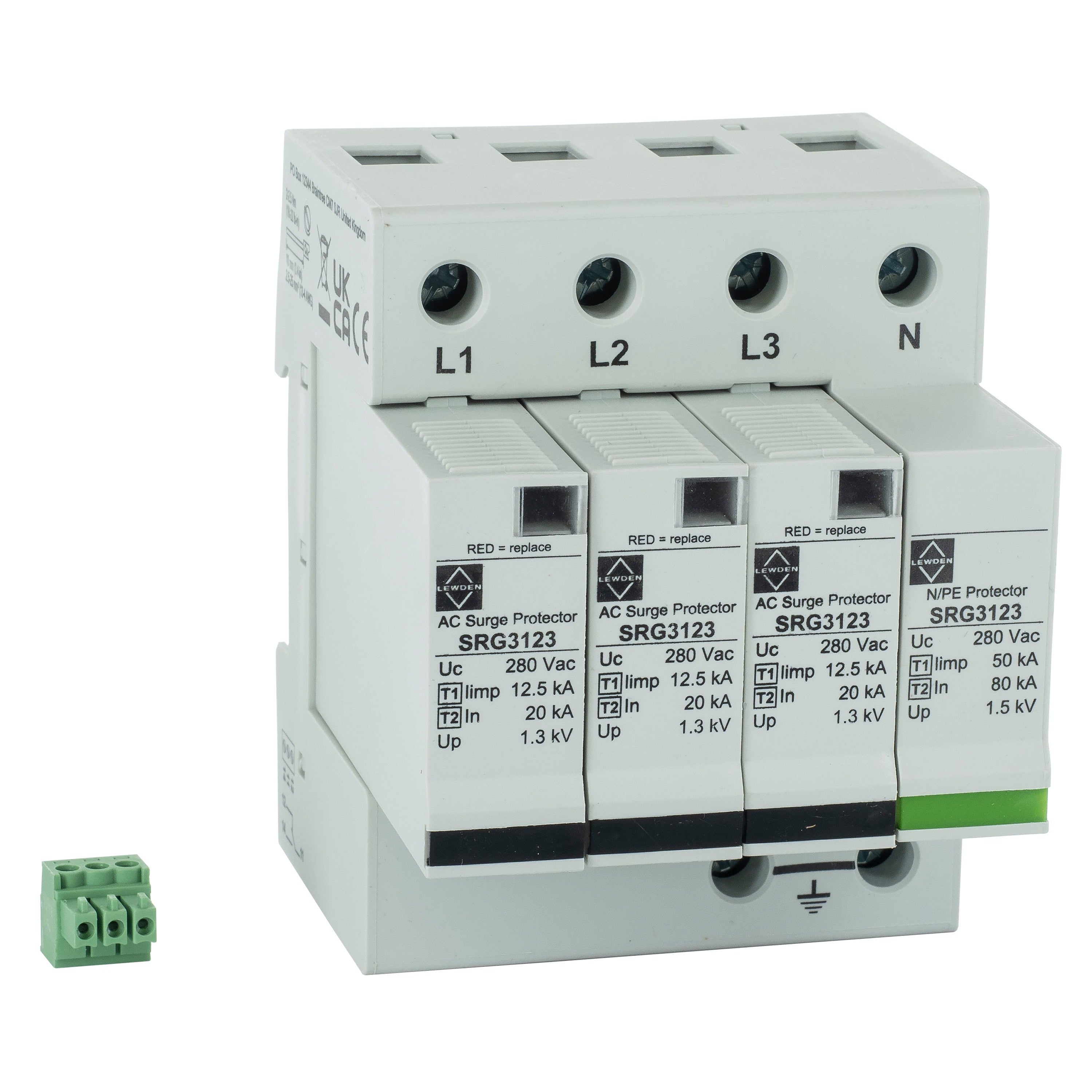 Lewden SRG3123 50kA 4 Module Single Pole and Earth Type 1+2+3 Surge Protector