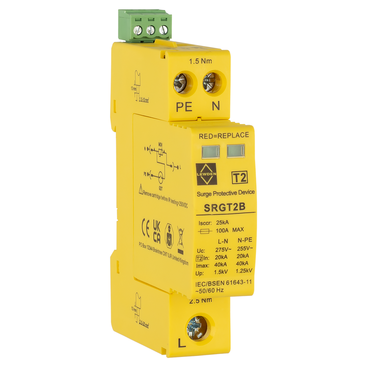 Lewden SRGT2B 40kA 1 Module Single Pole Type 2 Surge Protector