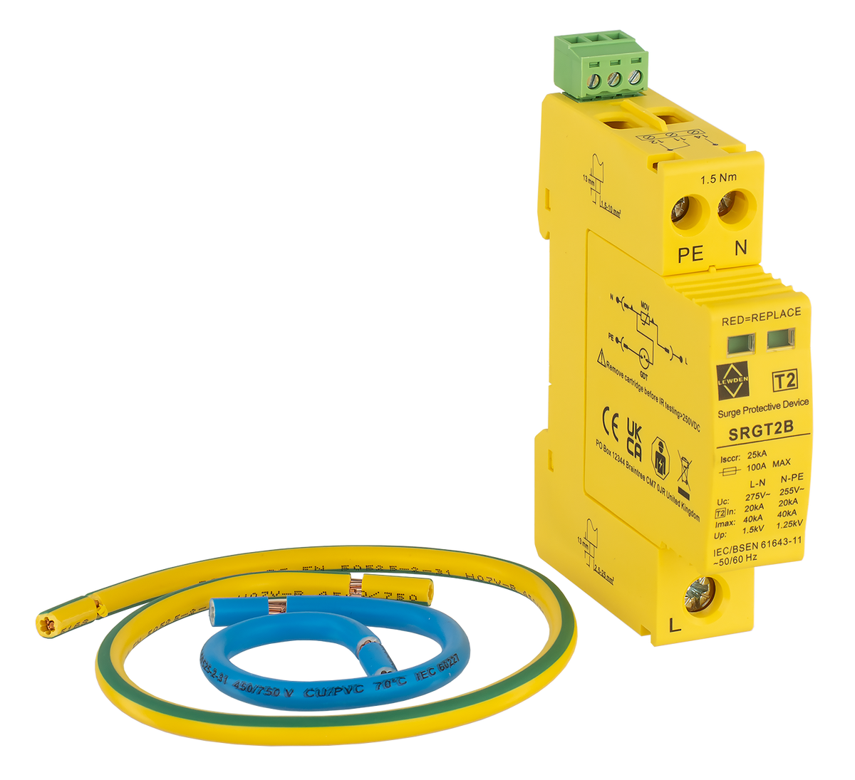 Lewden SRGT2B-KIT 40kA 1 Module Single Pole Type 2 Surge Protector and Connection Kit