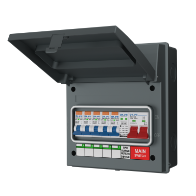 Live Electrical AGU8-SR/G 8 Way IP65 Grey Metal Garage Unit with 100A Main Switch, 5x Type A SP RCBOs B Curve & 20/40kA DP Type 2 SPD