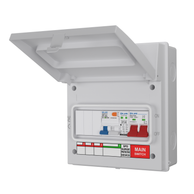 Live Electrical AGU8-SRTB/W 8 Way IP65 White Metal Garage/EV Charging Unit with 100A Main Switch, 40A Type A DP RCBO B Curve & 20/40kA DP Type 2 SPD