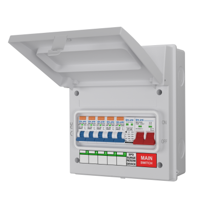 Live Electrical AGU8-SR/W 8 Way IP65 White Metal Garage Unit with 100A Main Switch, 5x Type A SP RCBOs B Curve & 20/40kA DP Type 2 SPD