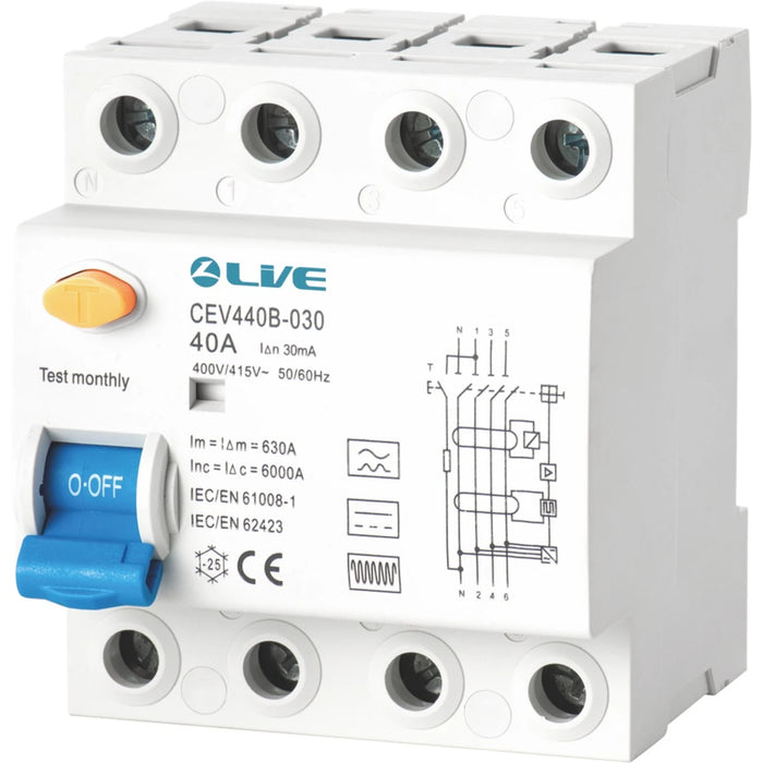 Live Electrical CEV440B-030 4 Pole 4 Module 40A 30mA Type B RCCB