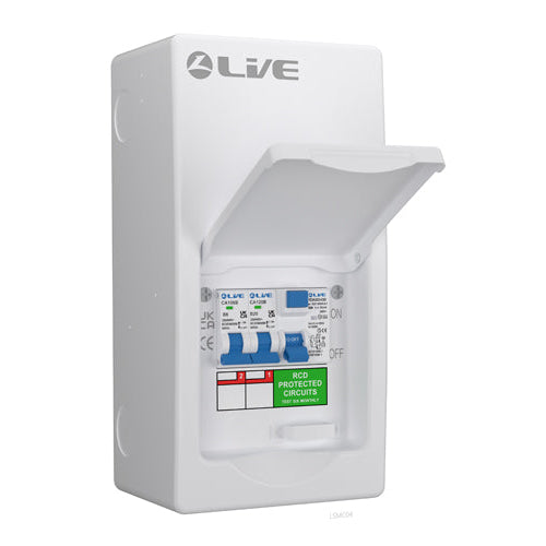 Live Electrical LSGU63620 4 Way IP40 Metal Garage Unit with 63A 30mA Type A RCD, B6A/B20A MCB