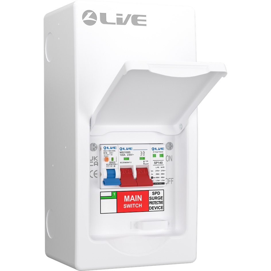 Live Electrical LSMC04S-SP 4 Module Metal SRN Consumer Unit with 100A Main Switch and SPD