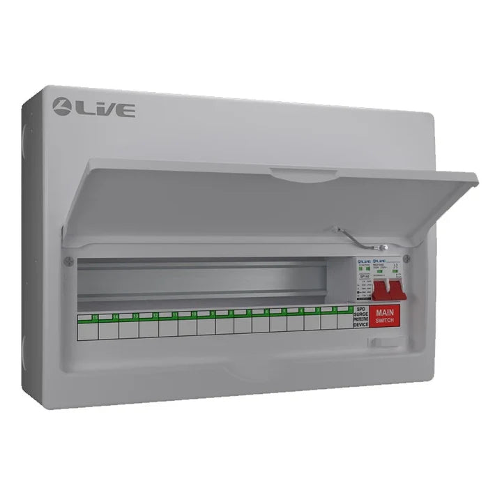 Live Electrical LSMC18M-SP 15 Usable Way Metal Consumer Unit with Main Switch and T2 SPD
