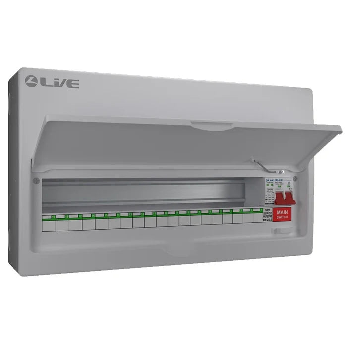 Live Electrical LSMC22M-SP 19 Usable Way Metal Consumer Unit with Main Switch and T2 SPD