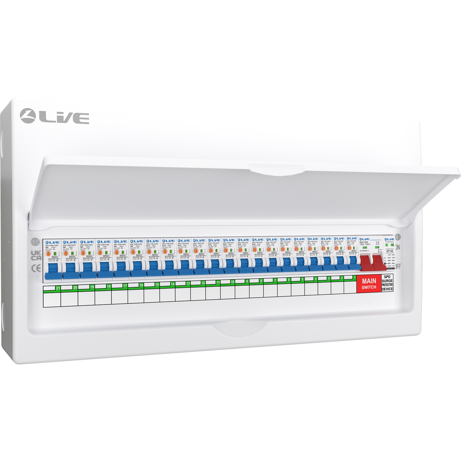 Live Electrical LSMC24S-SP 24 Module Metal SRN Consumer Unit with 100A Main Switch and SPD