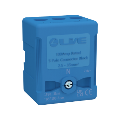 Live Electrical TB5P100-BLUE 5 Way 100A Rated Terminal Block Blue, Terminal Capacity up to 35mm2