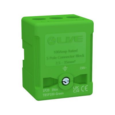 Live Electrical TB5P100-GREEN 5 Way 100A Rated Terminal Block Green, Terminal Capacity up to 35mm2