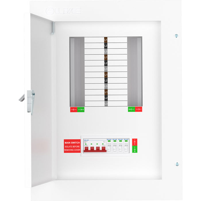 Live Electrical TPN08-125S 8 Way TP&N Distribution Board with 4 Pole 125A Main Switch Incomer & 20/40kA DP SPD