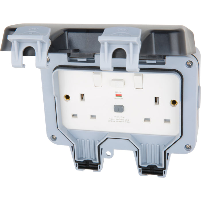 Live Electrical WP2GTKP-5 Weatherproof IP66 13A 2 Gang Type A RCD Protected Switched Socket