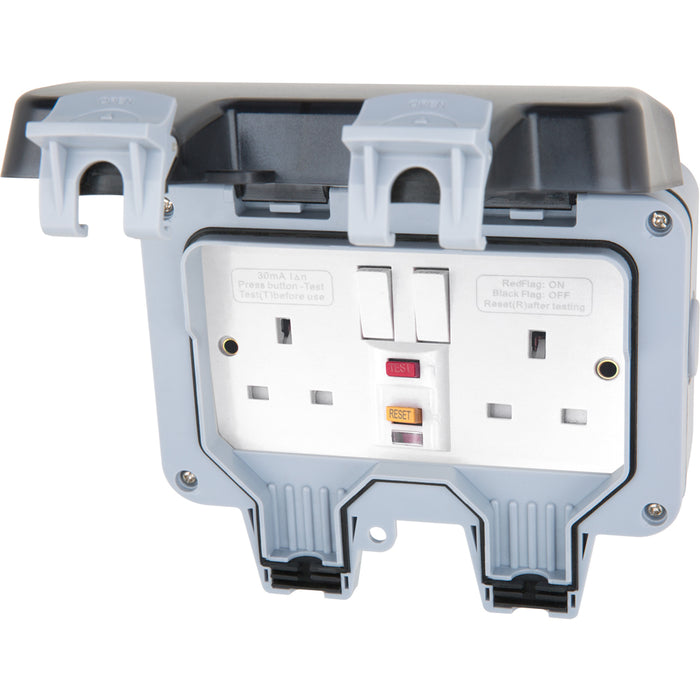 Live Electrical WPR2G13A Weatherproof IP66 13A 2 Gang Type A RCD Protected Switched Socket