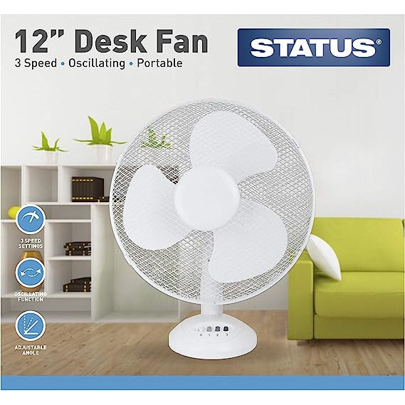 Status S12DESKFAN 12 Inch Three Speed Oscillating Desk Fan