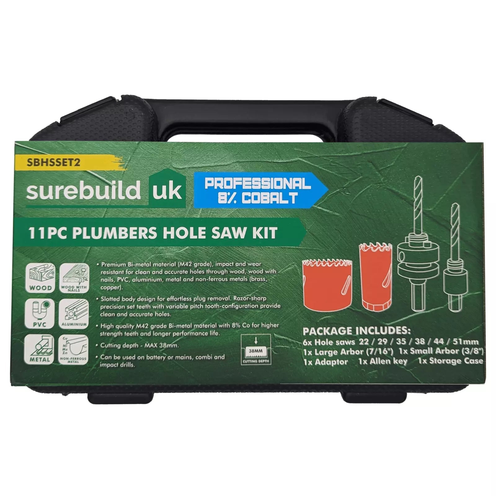 Surebuild SBHSSET2 Plumbers 11 Piece HSS Cobalt Bi-Metal 22-51mm Holesaw Set