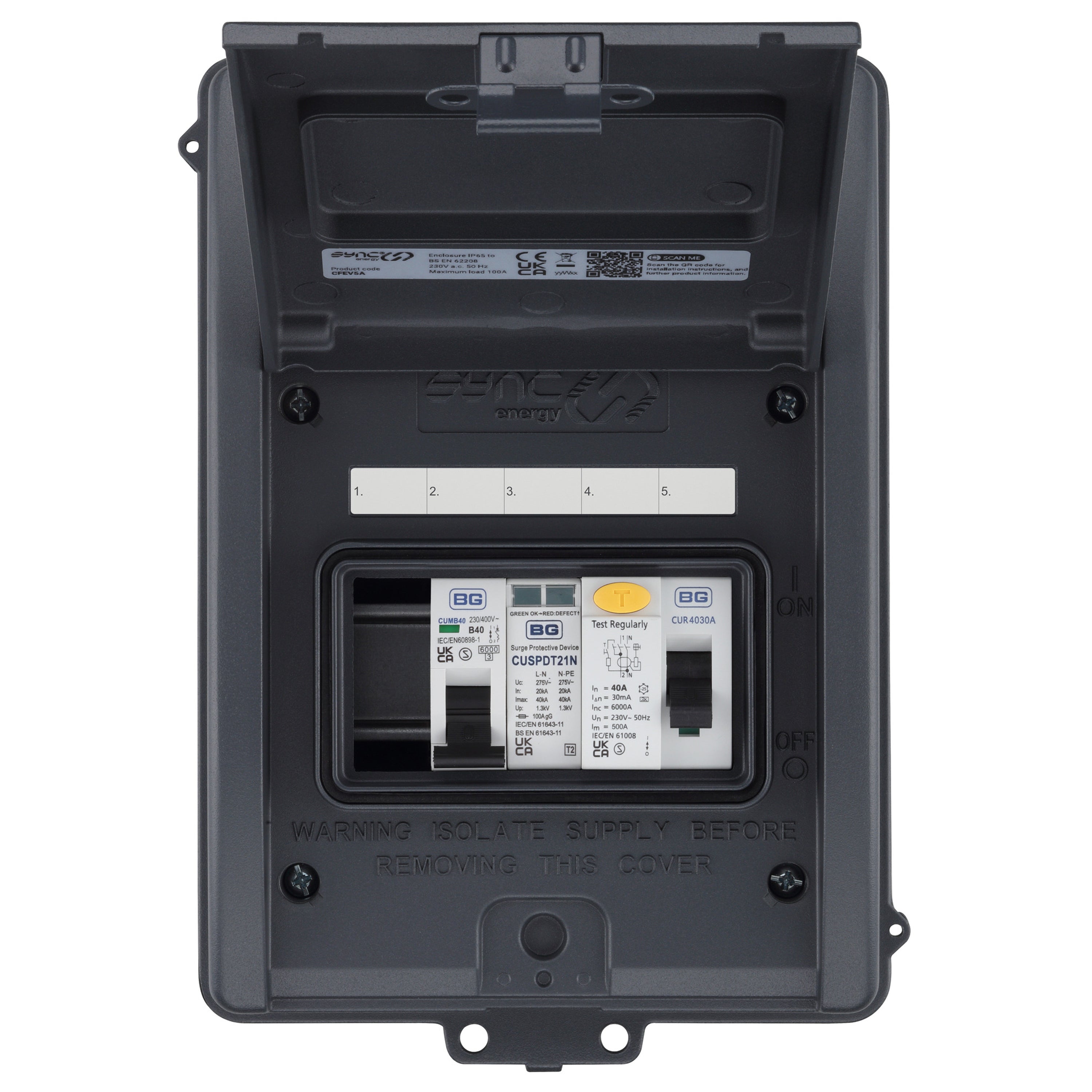 Sync Energy CFEV5A-01 Consumer Unit with 40A 30mA RCD & 40A MCB