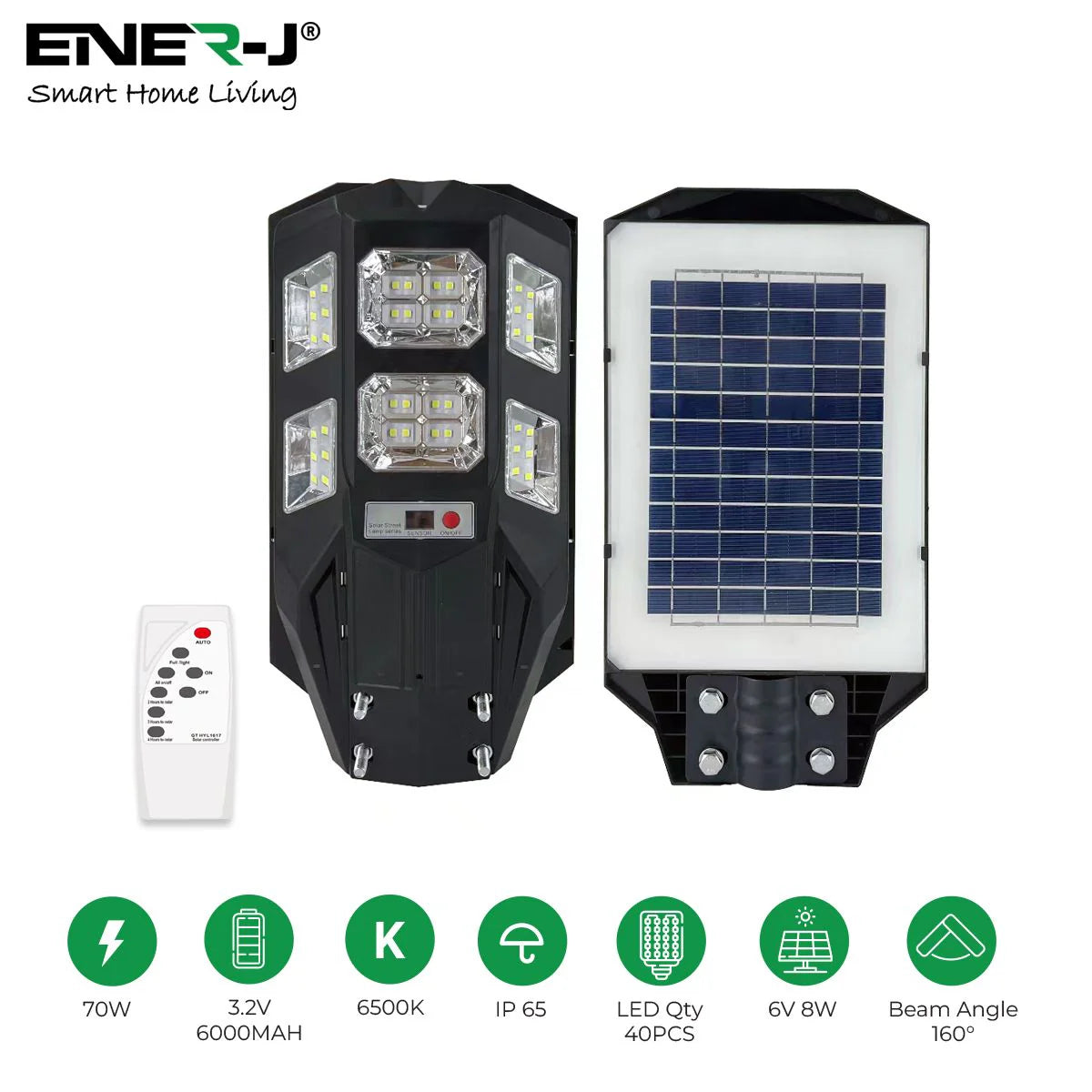 Ener-j T389 70W Solar Streetlights 6500K with 6V 8W Solar Panel & 6000 mAh Battery & Remote