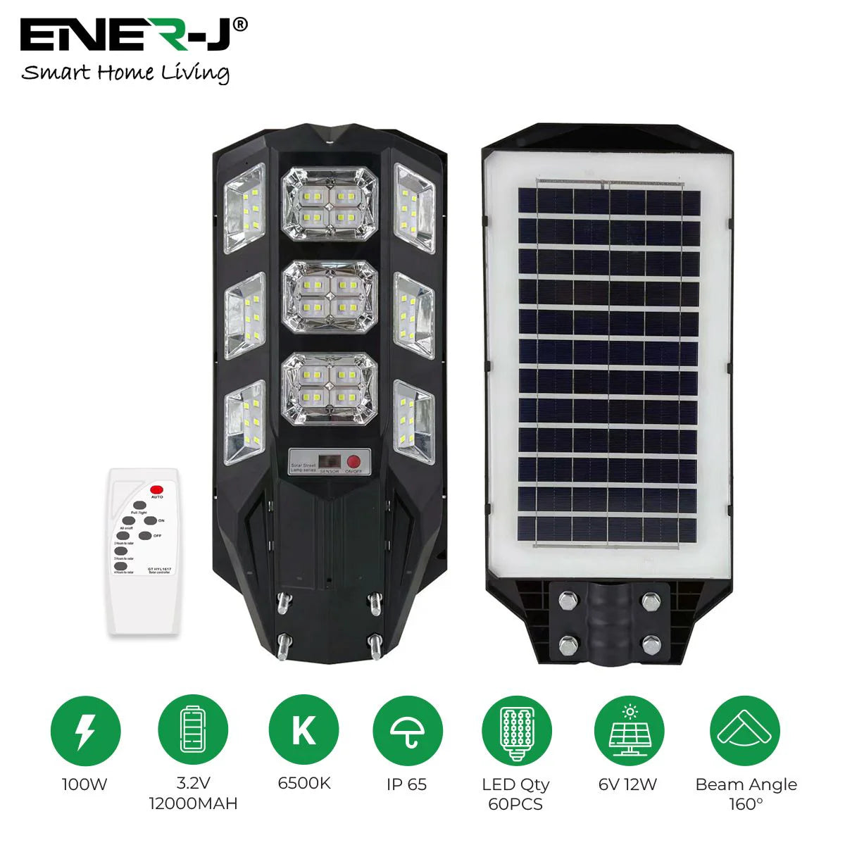 Ener-j T390 100W Solar Streetlights 6500K with 6V 12W Solar Panel & 12000 mAh Battery & Remote