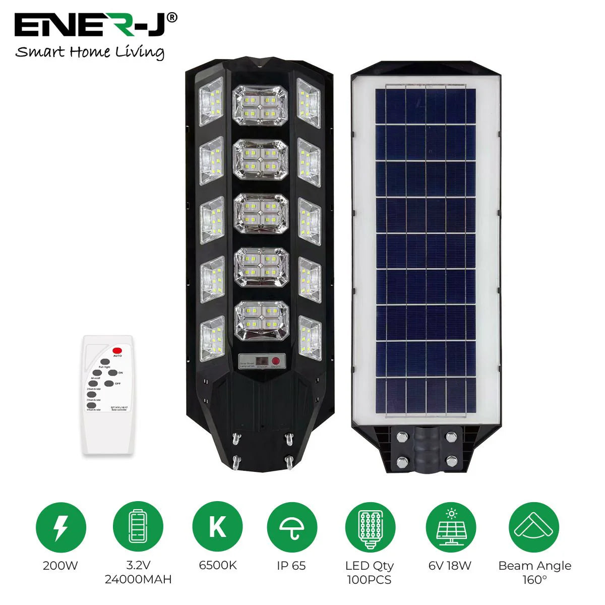 Ener-j T392 200W Solar Streetlights 6500K with 6V 18W Solar Panel & 24000 mAh Battery & Remote